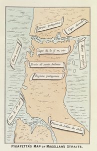 Patagonië en Tierra del Fuego met de zeestraat die later de naam van de navigator zal dragen, uit Ferdinand Magellaan